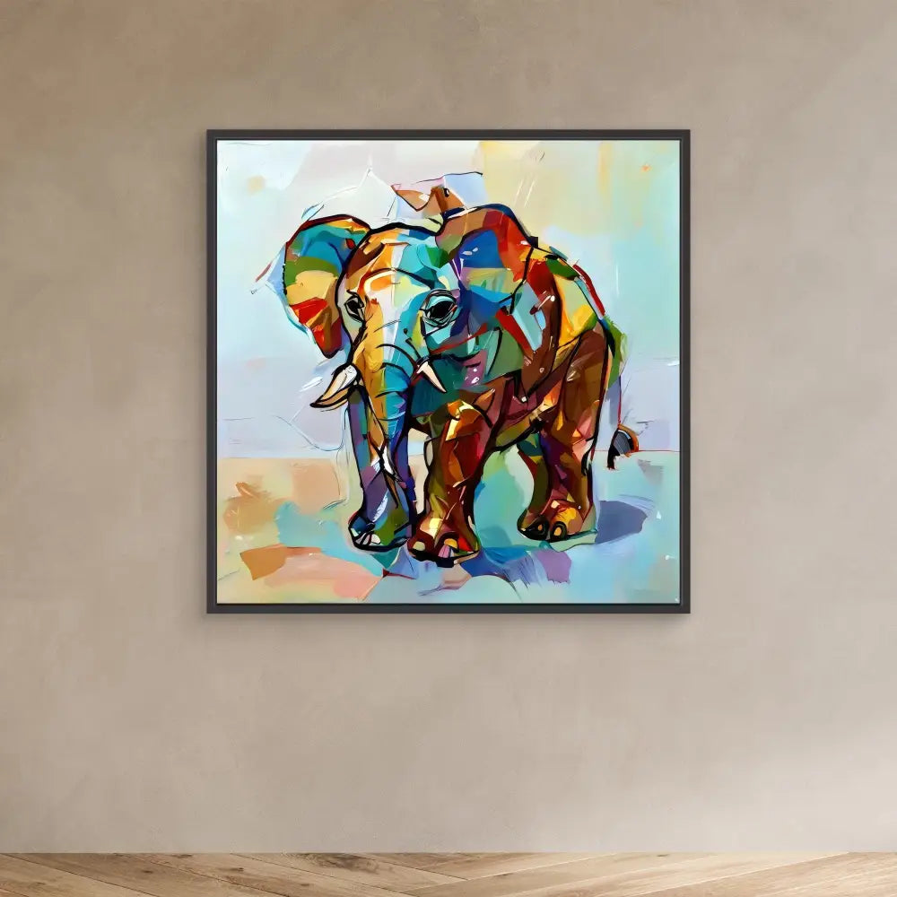 Colorful abstract elephant painting rendered in vibrant geometric shapes and brushstrokes.