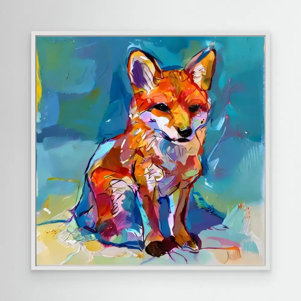 Colorful abstract fox painted in vibrant orange, blue and purple brushstrokes.