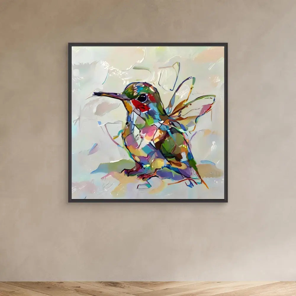 Colorful abstract hummingbird painted in geometric shapes and vibrant watercolors.