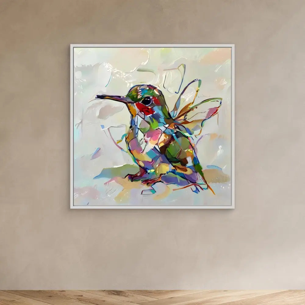 Colorful abstract hummingbird painted in geometric shapes and vibrant watercolors.