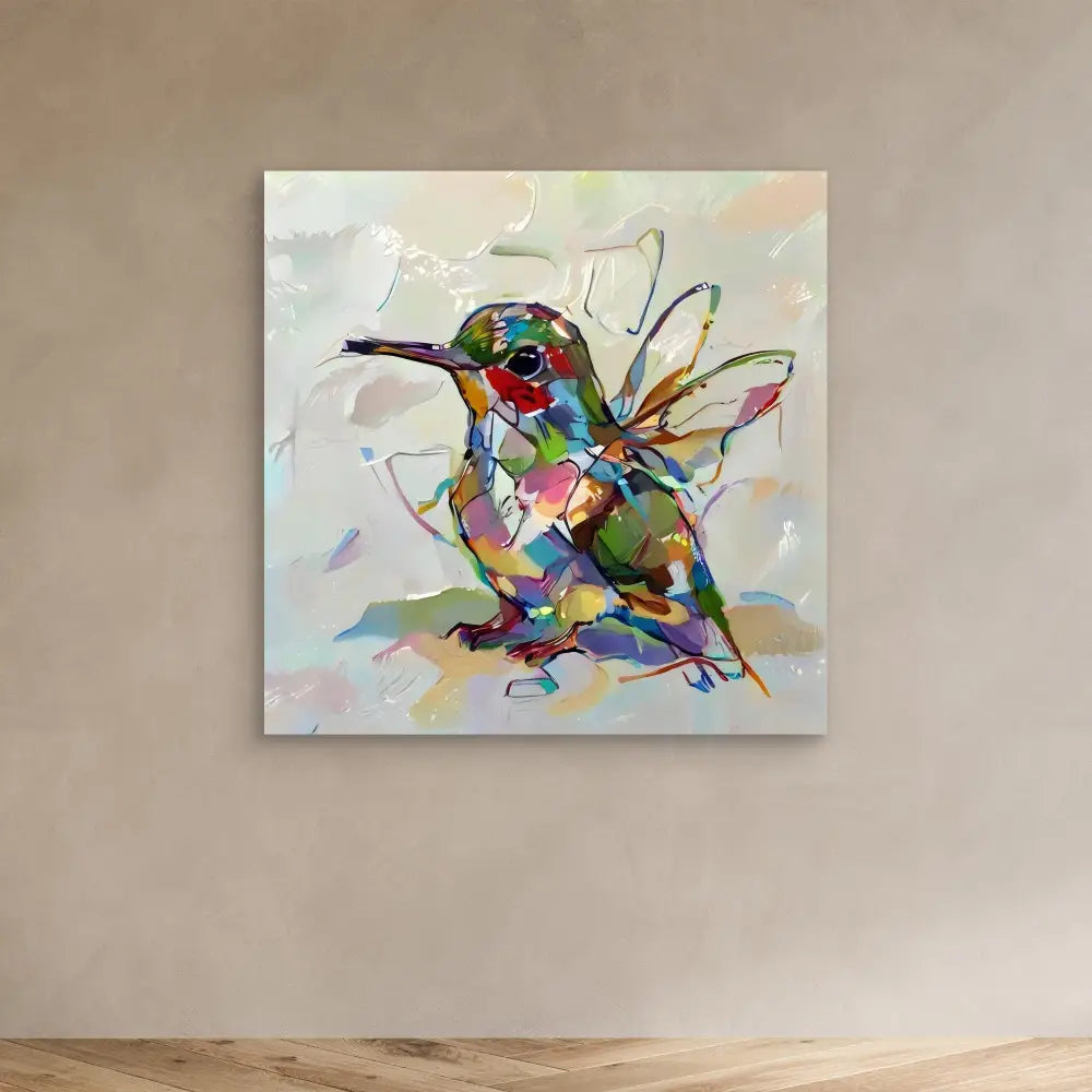 Colorful abstract hummingbird painted with geometric shapes and vibrant brushstrokes.