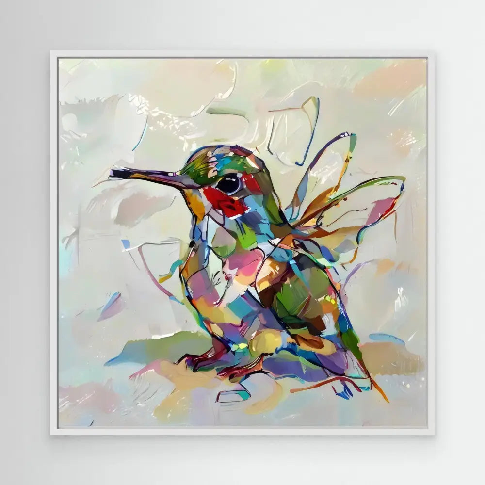 Colorful abstract hummingbird painted with vibrant brushstrokes and geometric shapes.