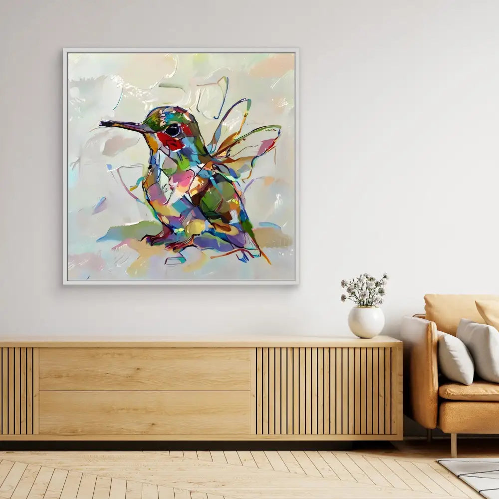 Colorful abstract hummingbird painting with flowing brushstrokes and geometric shapes.