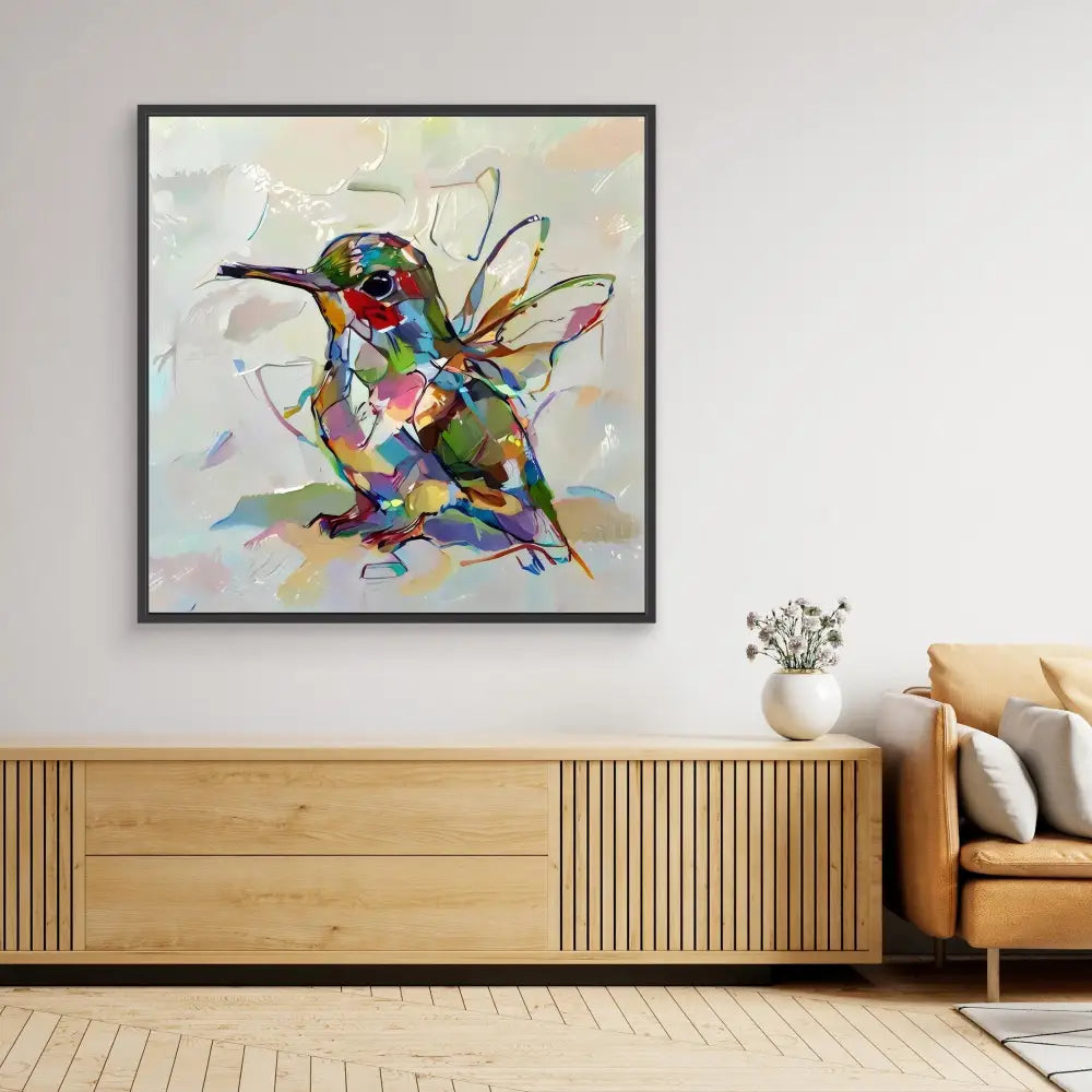 Colorful abstract hummingbird painting with geometric shapes and vibrant brushstrokes.