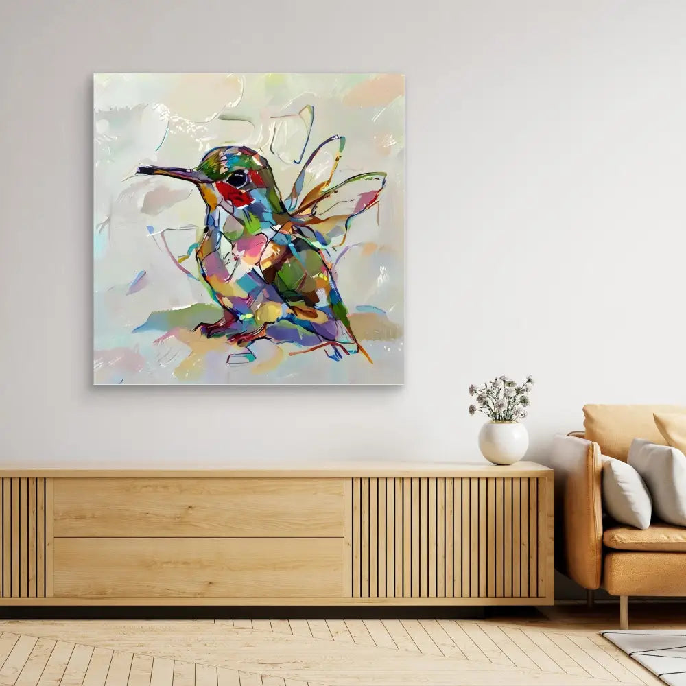 Colorful abstract hummingbird painting rendered in vibrant watercolor-style brushstrokes.