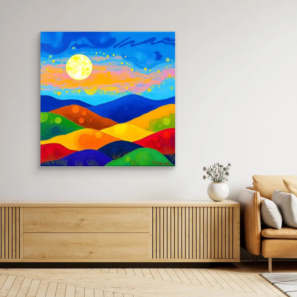 Colorful abstract landscape painting featuring rolling hills and a full moon against a vibrant sky.