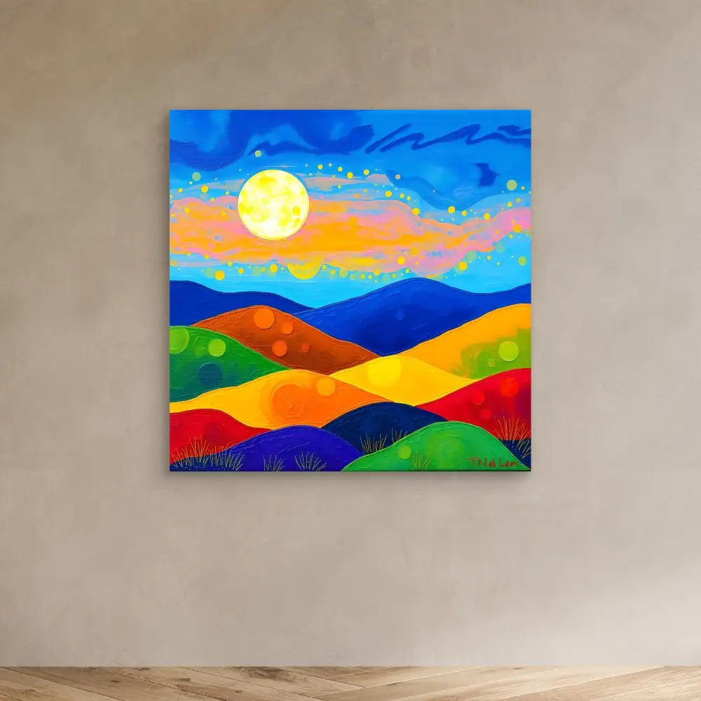 Colorful abstract landscape painting featuring rolling hills and a bright full moon against a vibrant sky.