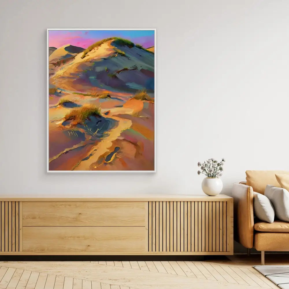 Colorful abstract landscape painting of rolling hills and dunes in warm desert tones.