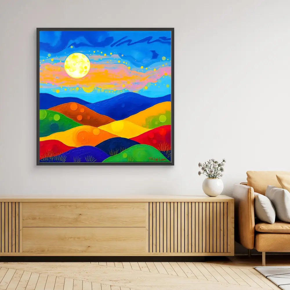 Colorful abstract landscape painting featuring rolling hills and a full moon against a vibrant sky.