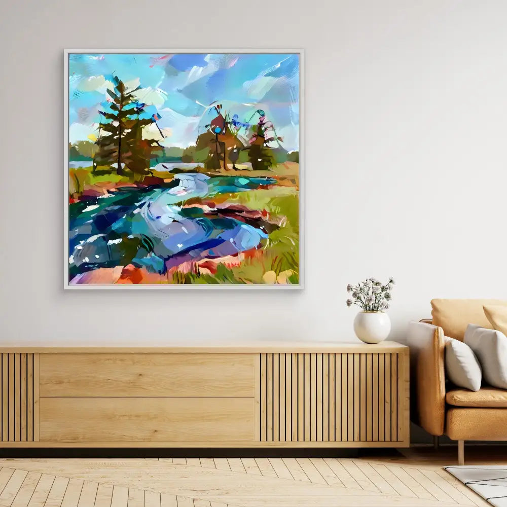 Colorful abstract landscape painting featuring a winding river and pine trees.