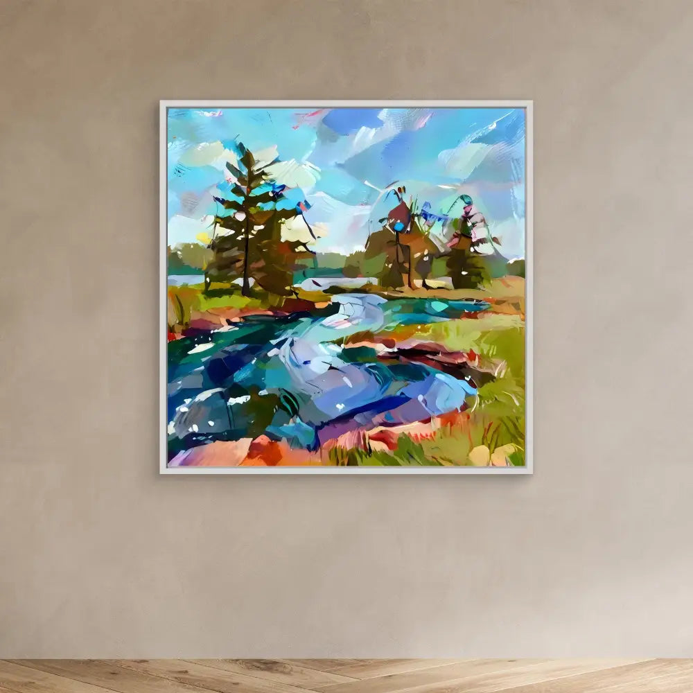 Colorful abstract landscape painting of a winding river through pine trees and grassy terrain.