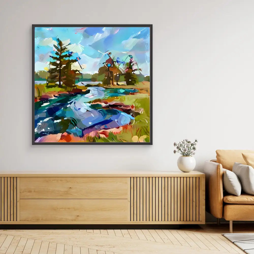 Colorful abstract landscape painting featuring a winding river and pine trees in a black frame.