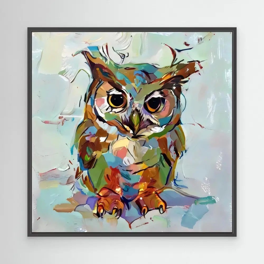 Colorful abstract owl painted with expressive brushstrokes and vibrant hues.