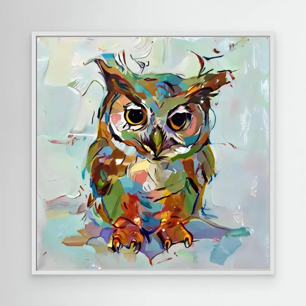 Colorful abstract owl painted with expressive brushstrokes and vibrant hues.