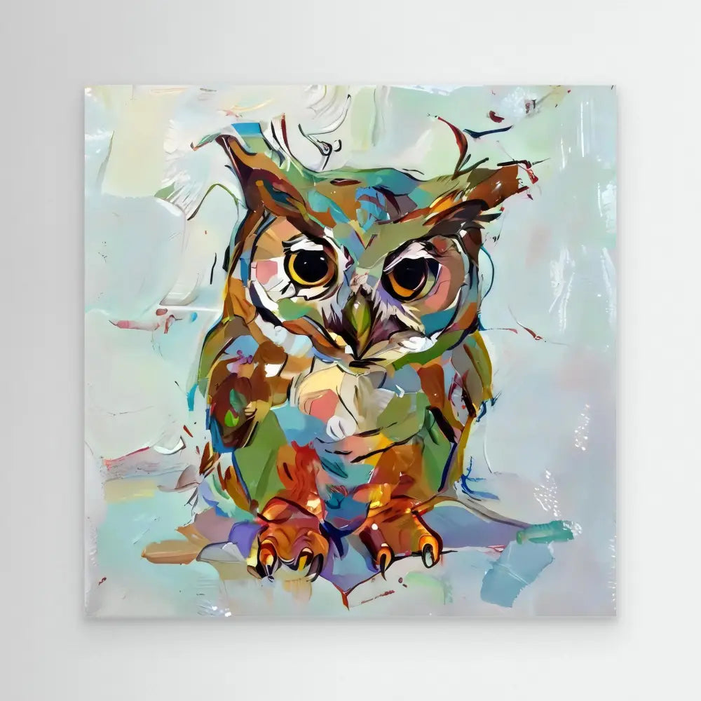 Colorful abstract owl painted with expressive brushstrokes and vibrant watercolors.