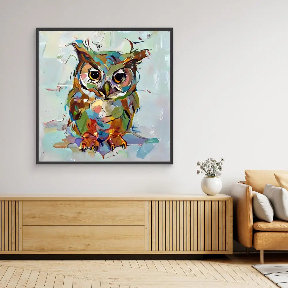 Colorful abstract owl painting with expressive brushstrokes in vibrant blues, greens, and browns.