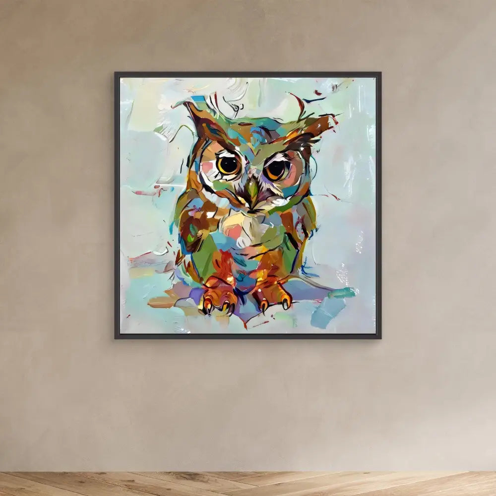 Colorful abstract owl painting rendered in loose, expressive brushstrokes.