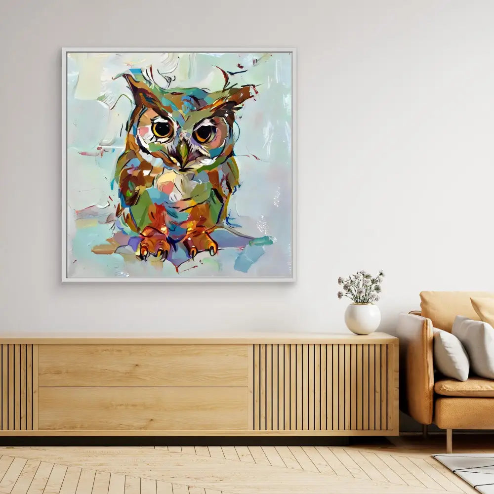 Colorful abstract owl painting rendered in vibrant brushstrokes and swirling patterns.