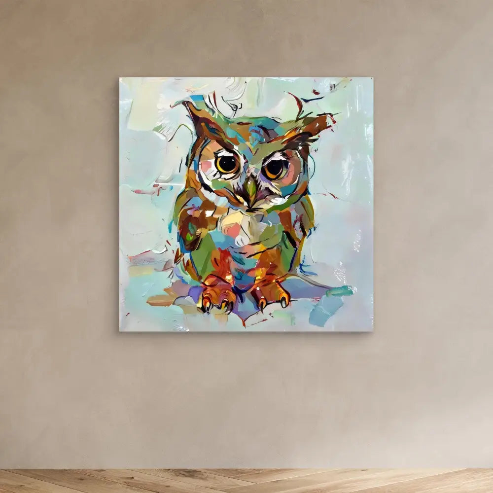 Colorful abstract owl painting rendered in loose, expressive brushstrokes.