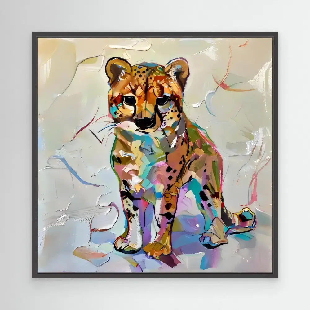 Colorful abstract painting of a baby cheetah in watercolor style.