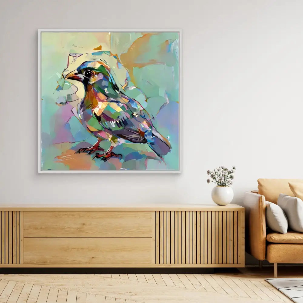 Colorful abstract painting of a bird rendered in sweeping brushstrokes and vibrant pastels.