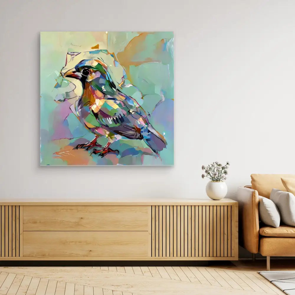 Colorful abstract painting of a bird rendered in sweeping brushstrokes and vibrant turquoise, orange, and purple hues.