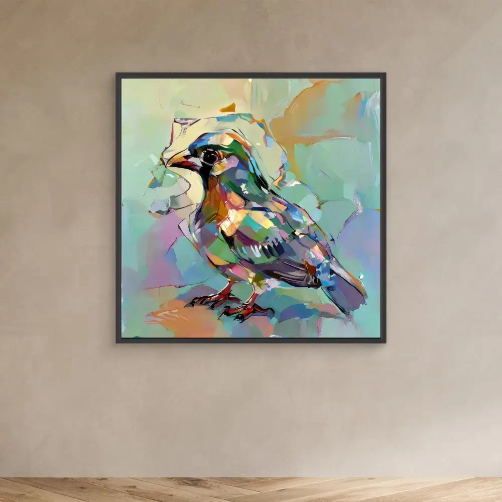 Colorful abstract painting of a bird rendered in sweeping brushstrokes and vibrant hues.