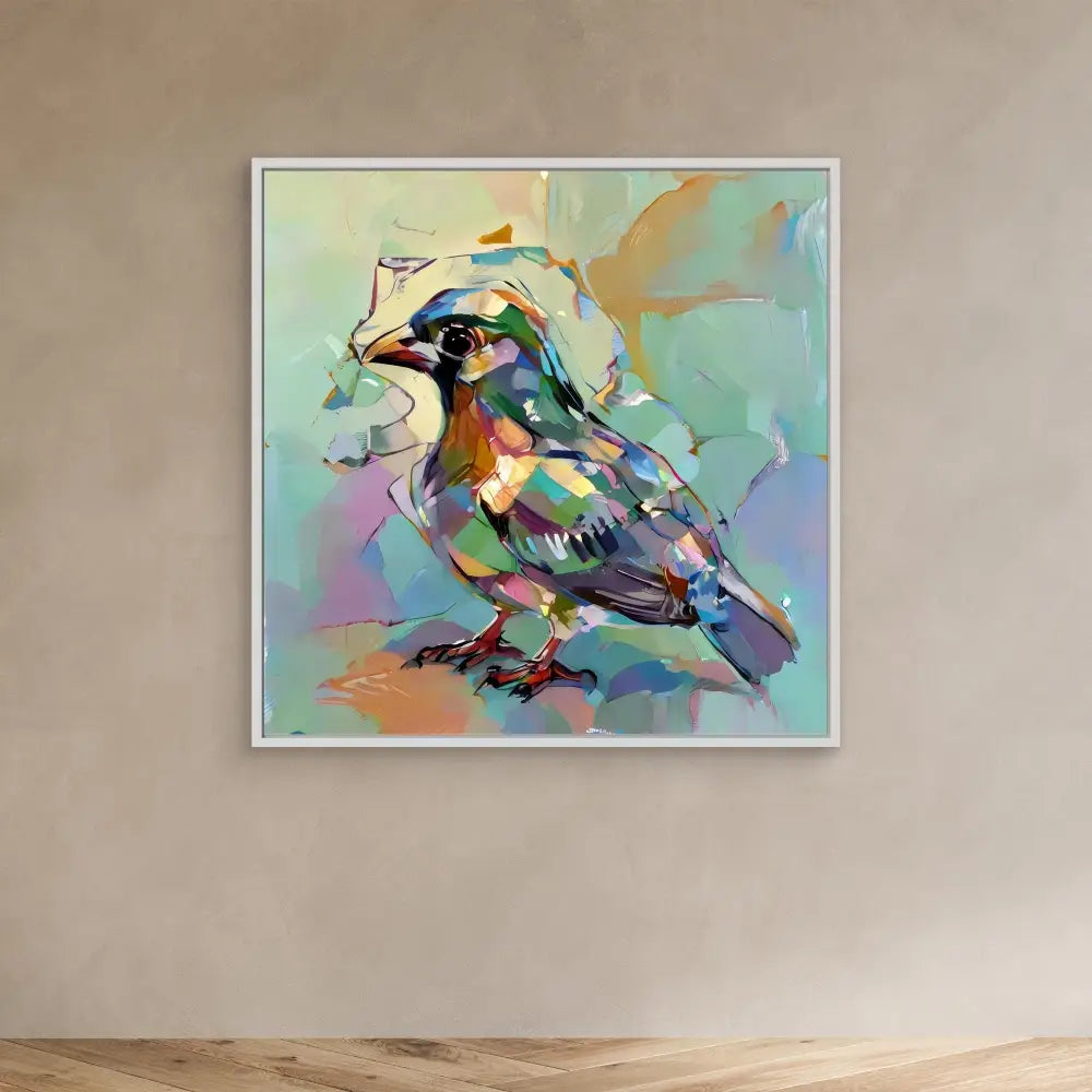 Colorful abstract painting of a bird rendered in vibrant brushstrokes and geometric shapes.