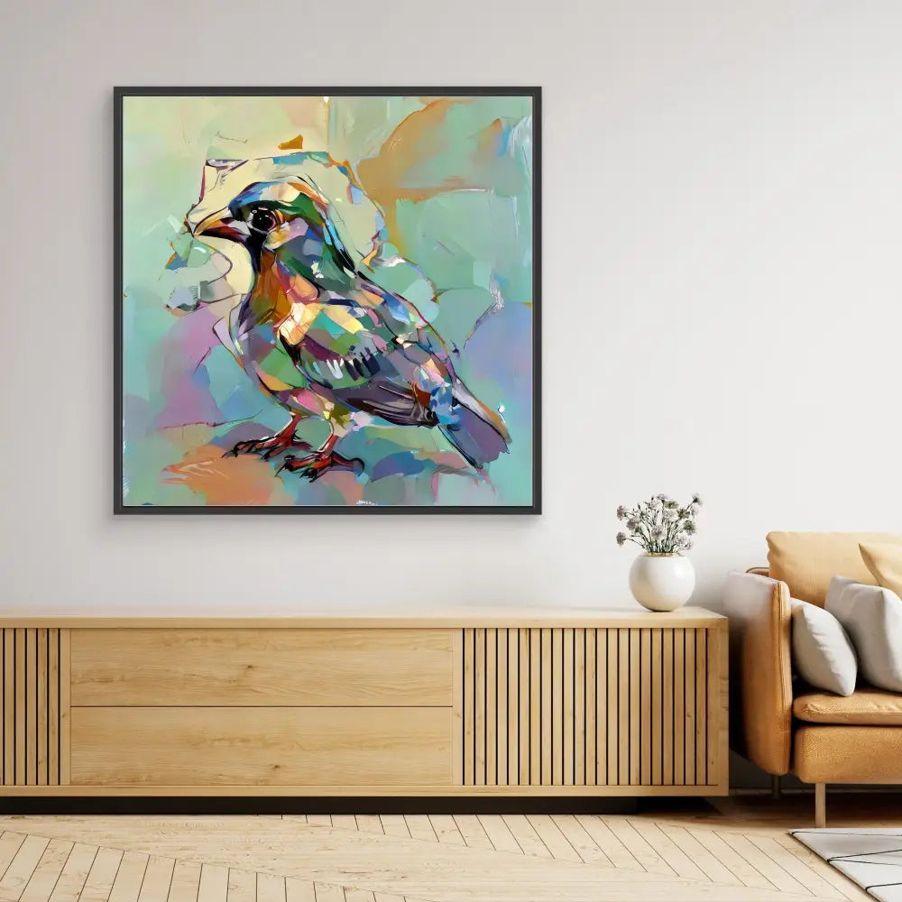 Colorful abstract painting of a bird in vibrant turquoise, orange, and purple brushstrokes.