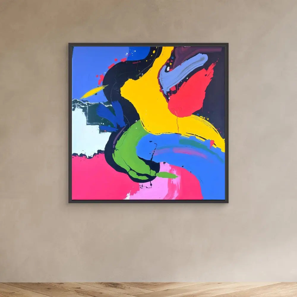 Colorful abstract painting with bold curved shapes in yellow, blue, pink, green and black within a dark frame.