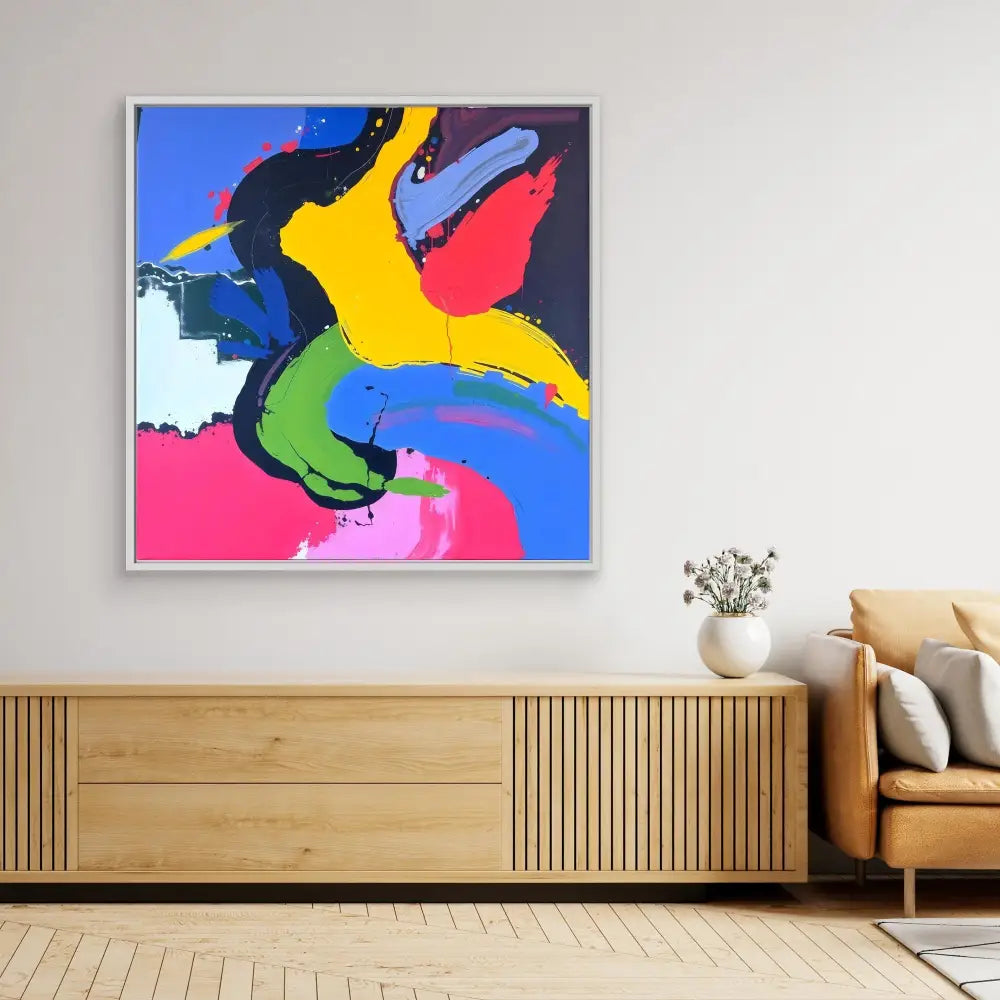 Colorful abstract painting featuring bold curved shapes in yellow, blue, pink, and black.