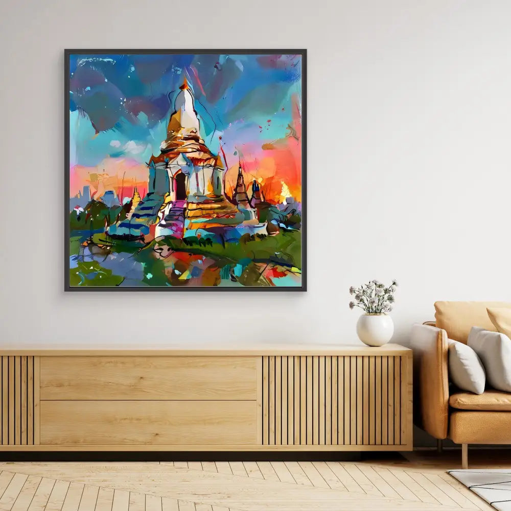 Colorful abstract painting of a Buddhist temple stupa with vibrant blue and orange hues.