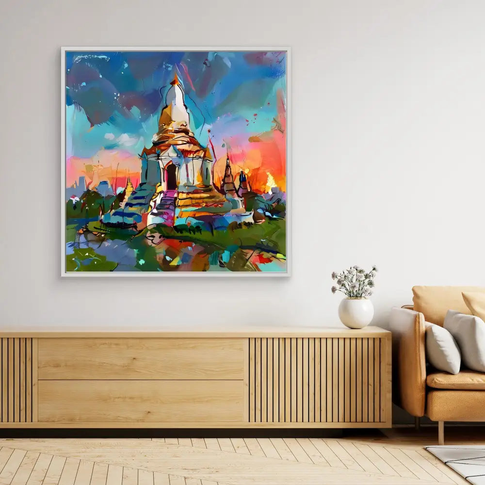 Colorful abstract painting of a Buddhist temple or pagoda with vibrant sunset hues.