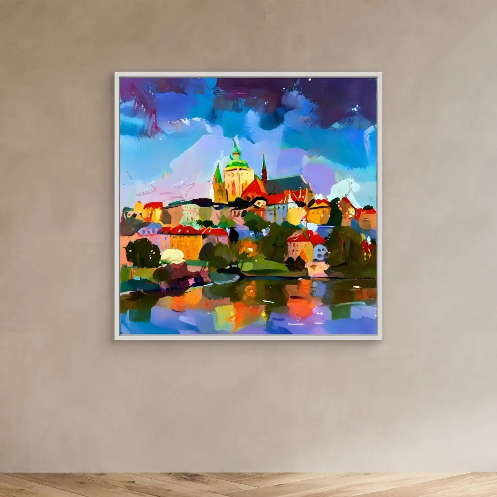 Colorful abstract painting of a castle or cathedral on a hilltop with water reflections below.