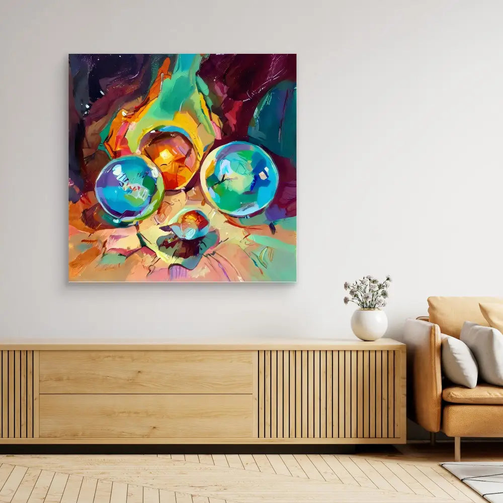 Colorful abstract painting of a cat wearing round, reflective sunglasses.