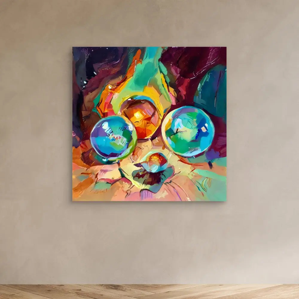 Colorful abstract painting of a cat wearing round blue glasses.