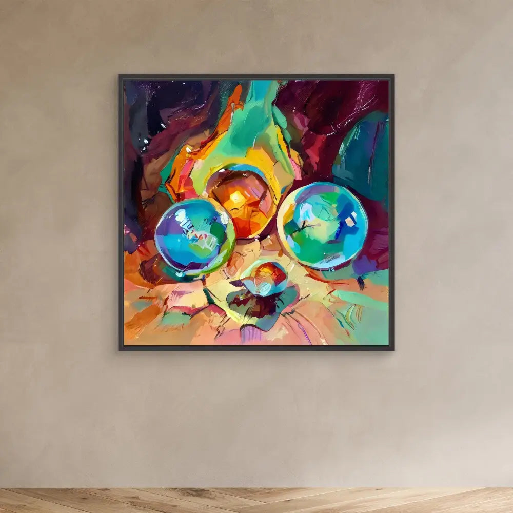 Colorful abstract painting of a cat wearing round glasses.