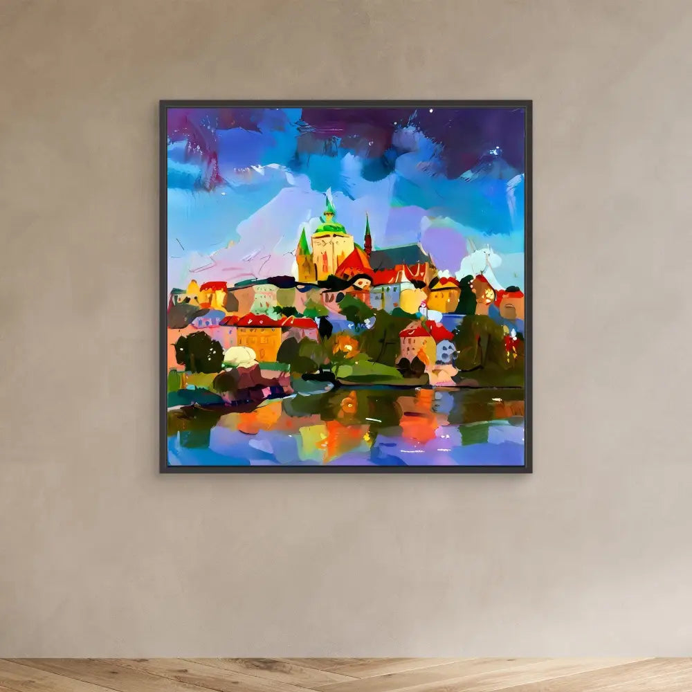 Colorful abstract painting of a cathedral or church with its reflection in water.