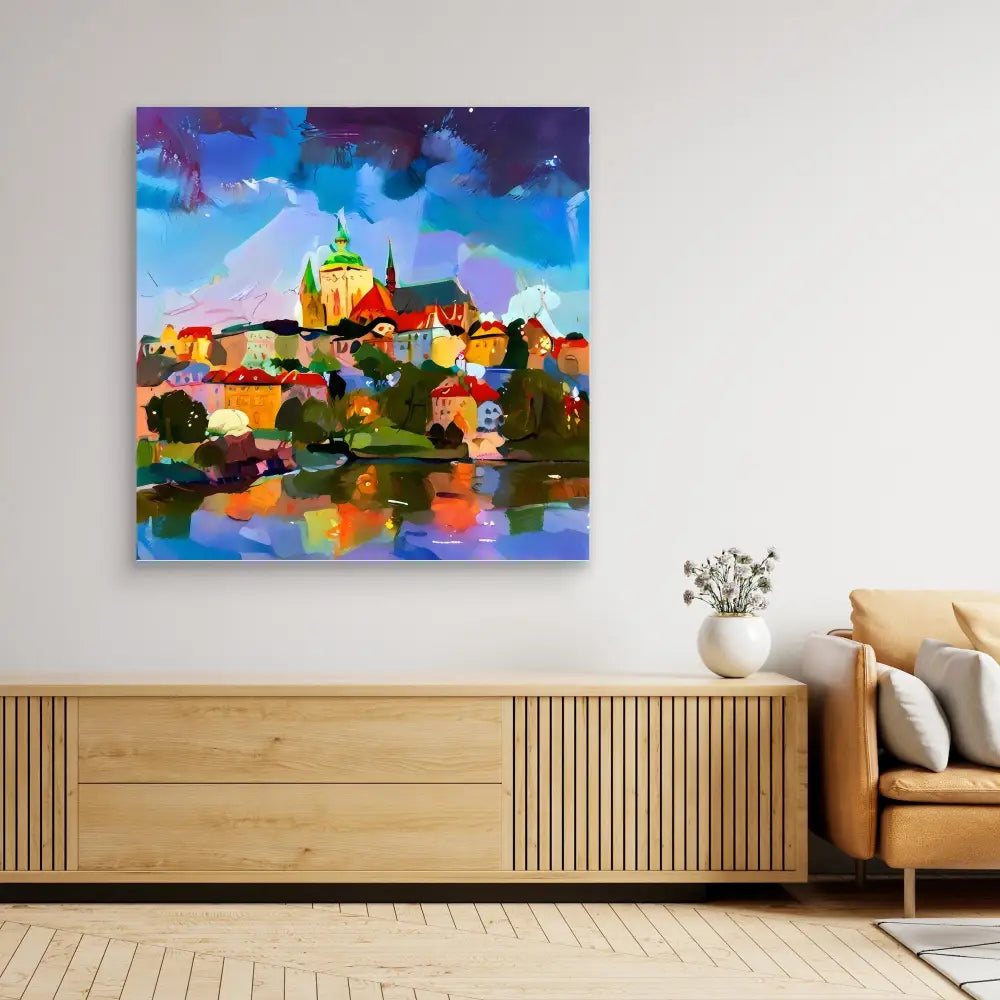 Colorful abstract painting of a cathedral or church on a hilltop with water reflections.