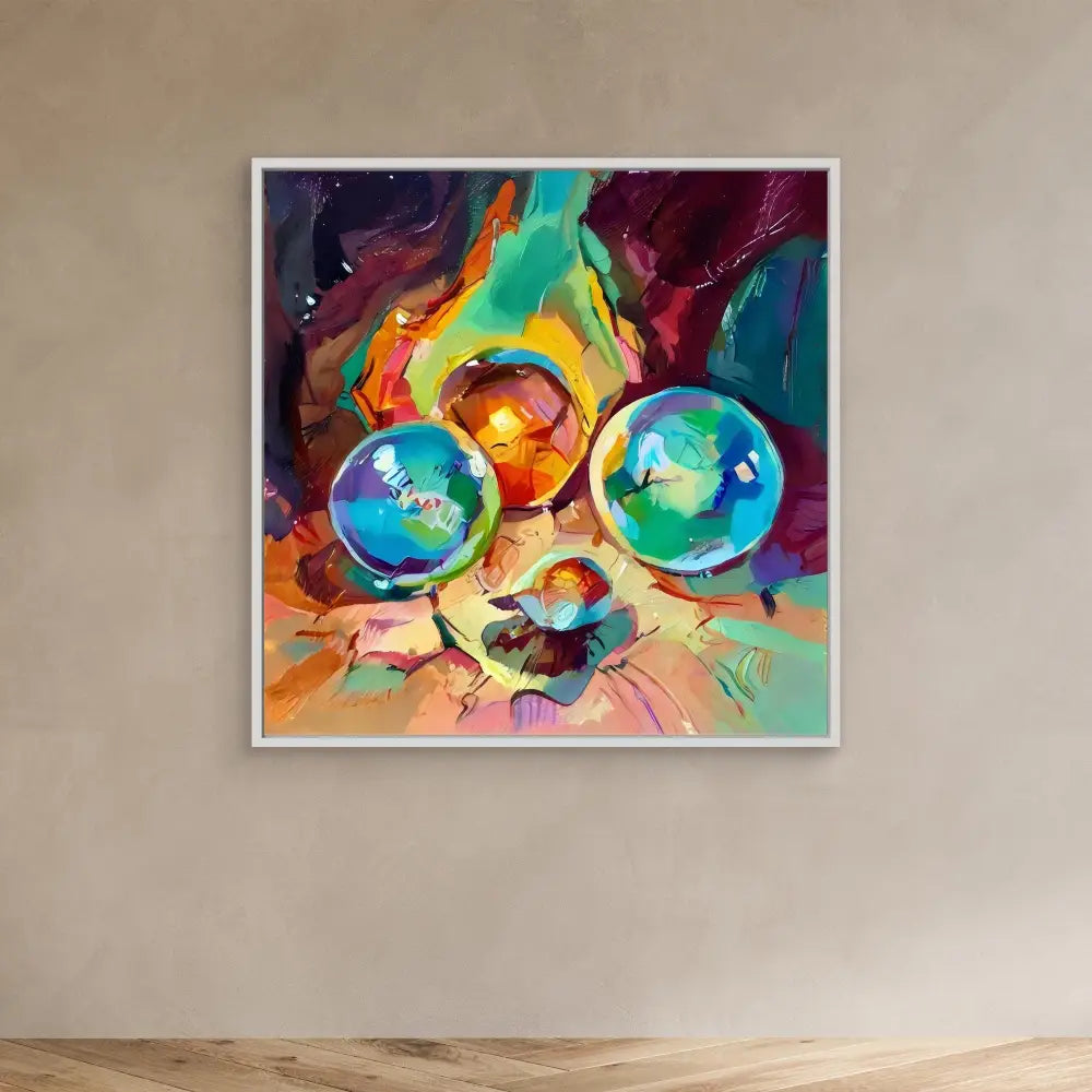 Colorful abstract painting of a cat’s face with bright turquoise circular glasses.