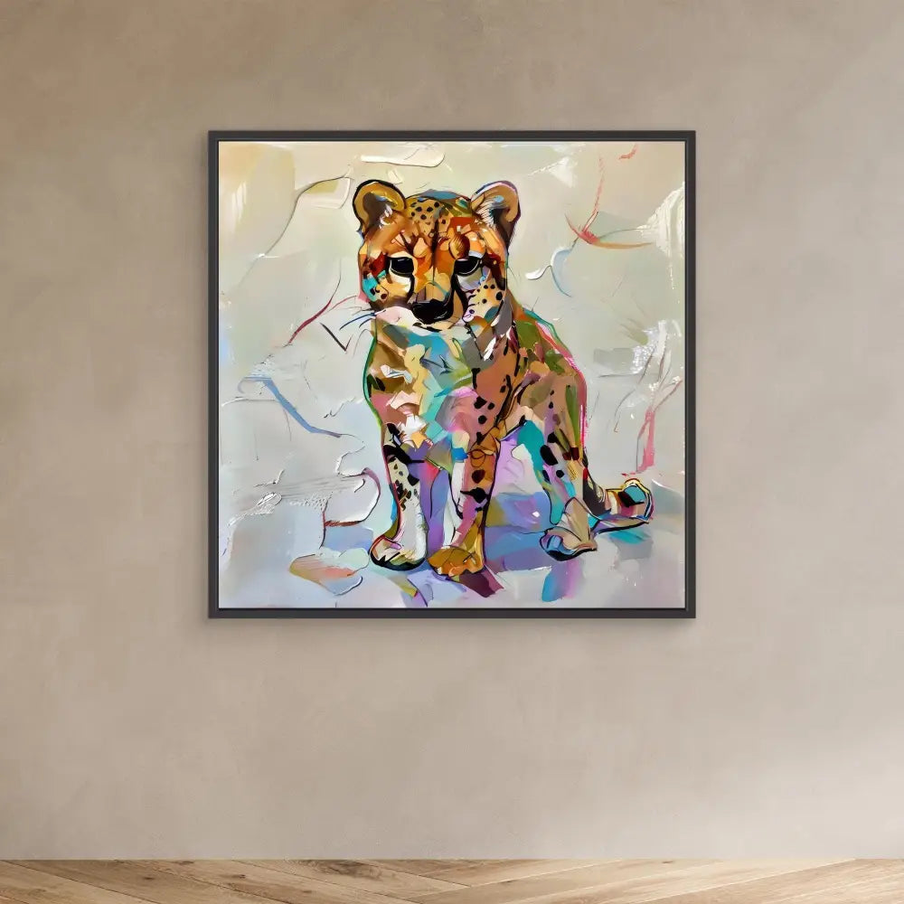 Colorful abstract painting of a cheetah cub in watercolor style.