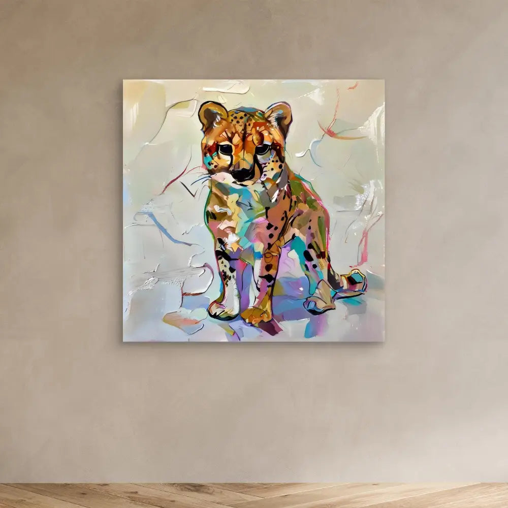 Colorful abstract painting of a cheetah cub with watercolor-style splashes and patterns.