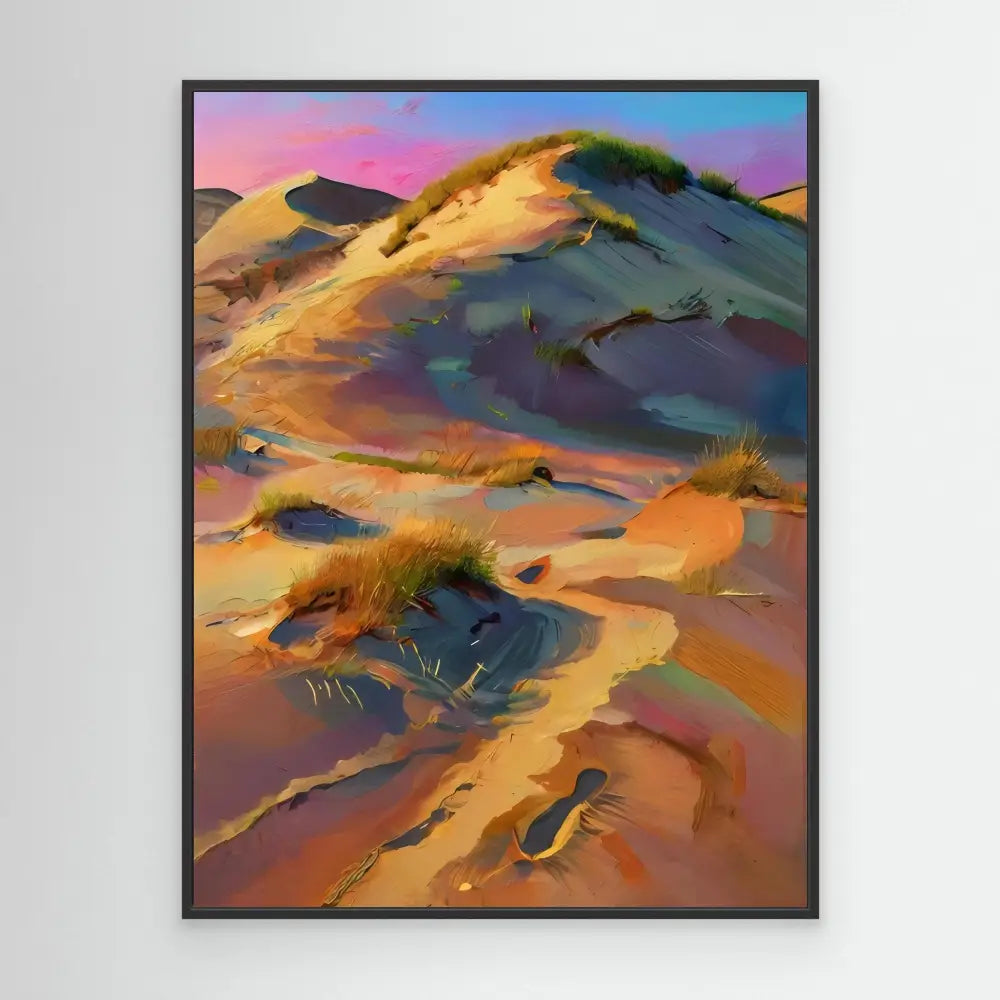 Colorful abstract painting of rolling desert dunes at sunset.