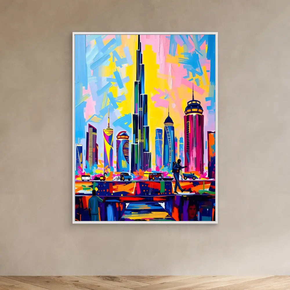 Colorful abstract painting of the Dubai skyline featuring the Burj Khalifa and surrounding skyscrapers.