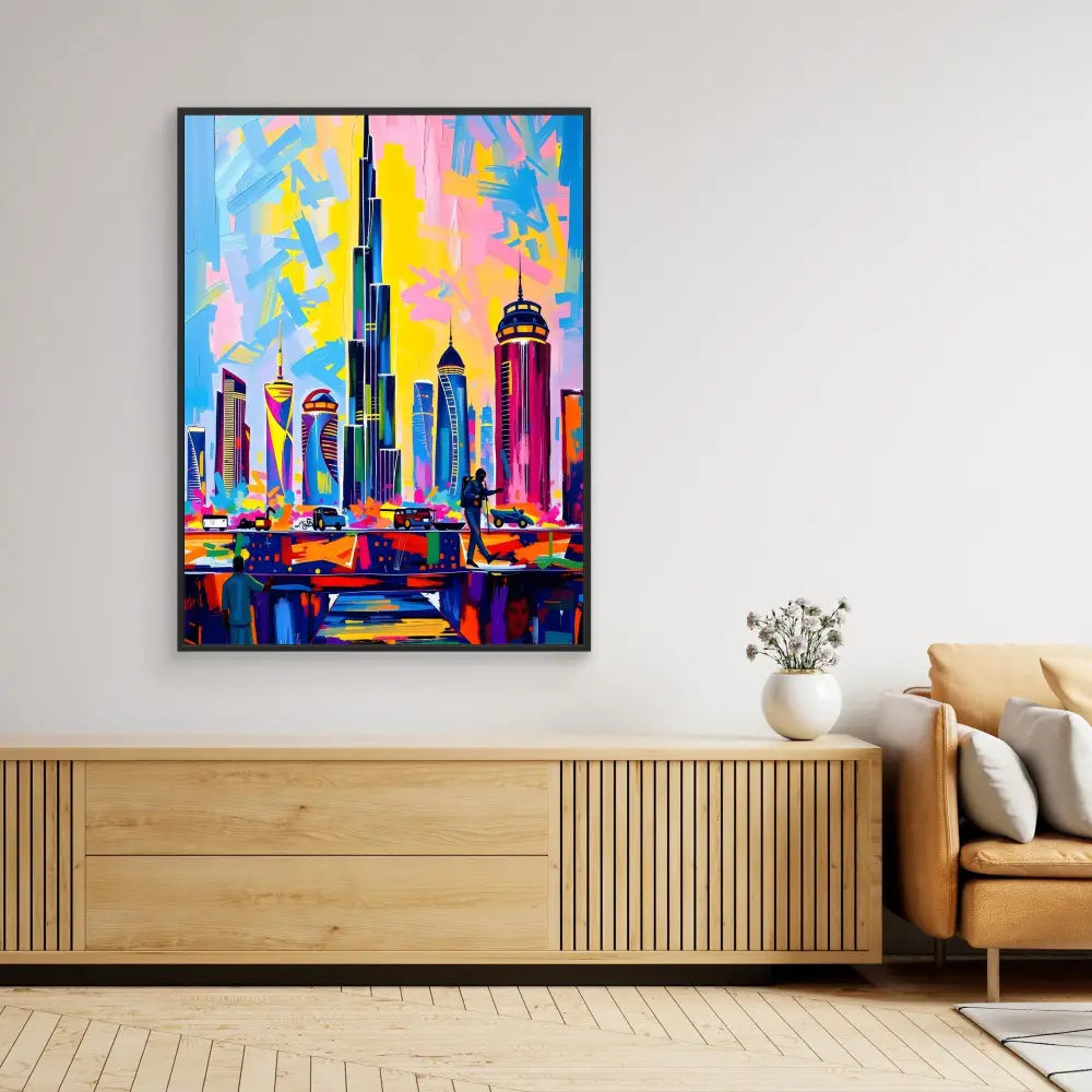 Colorful abstract painting of the Dubai skyline featuring the Burj Khalifa in vibrant pinks, blues, and yellows.