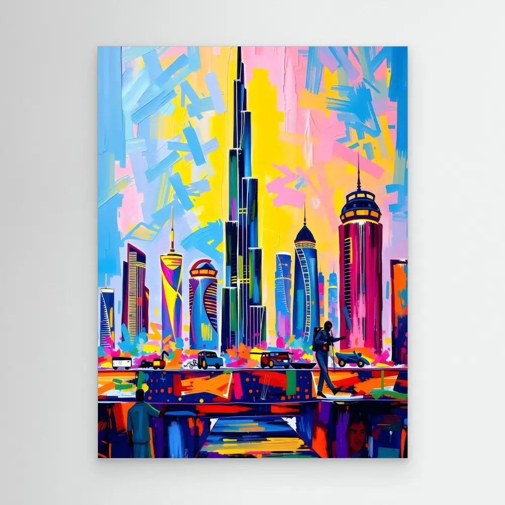 Colorful abstract painting of the Dubai skyline featuring the Burj Khalifa and surrounding skyscrapers.