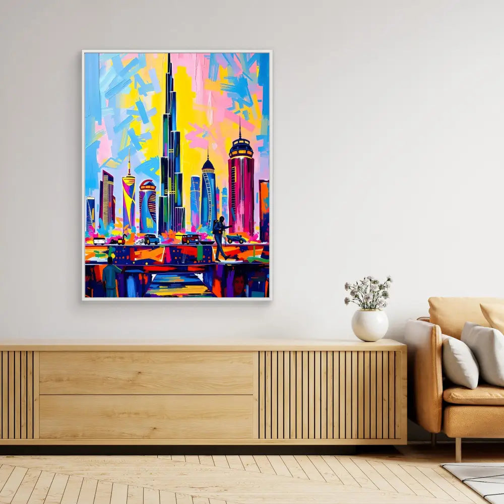 Colorful abstract painting of the Dubai skyline featuring the Burj Khalifa and surrounding buildings.