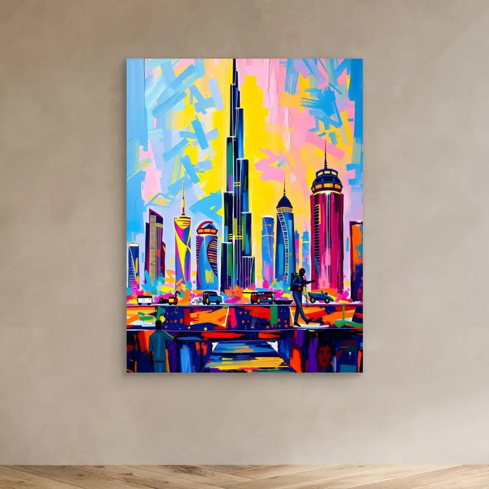 Colorful abstract painting of the Dubai skyline featuring the Burj Khalifa and surrounding skyscrapers.