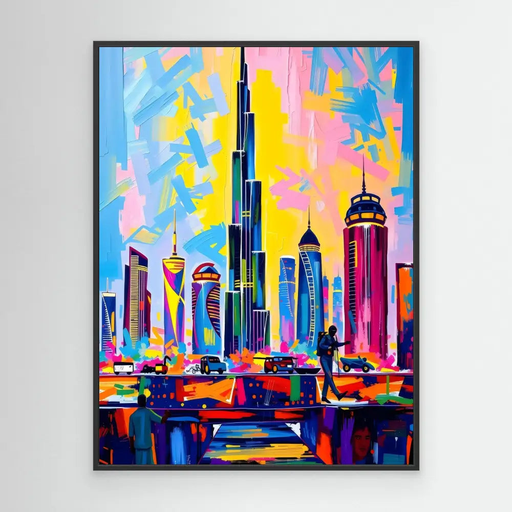 Colorful abstract painting of the Dubai skyline featuring the Burj Khalifa and surrounding skyscrapers.