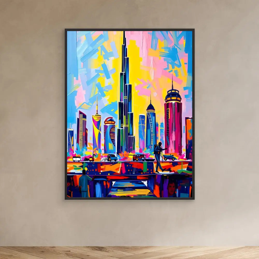 Colorful abstract painting of the Dubai skyline featuring the Burj Khalifa and surrounding skyscrapers.